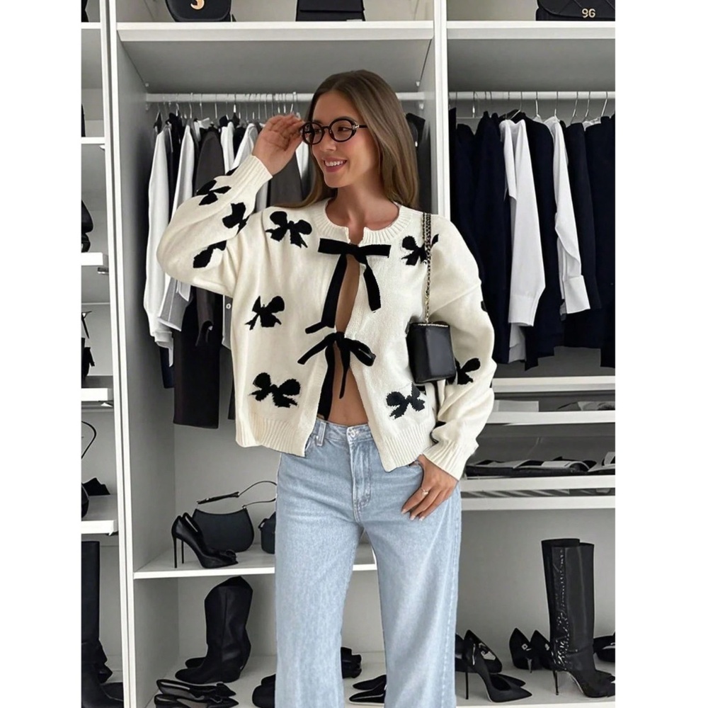 Off White Cardigan With Black Front Ties and Bow Print Pattern Oversized - Picture 2 of 10